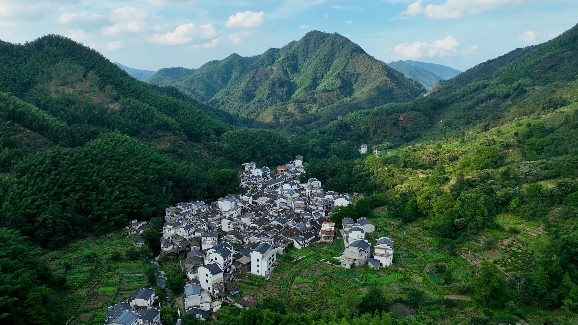 群山环抱中的右龙村航拍全景